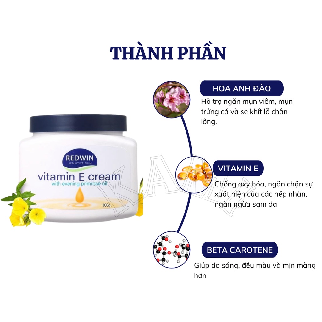 Kem Dưỡng Trắng Ẩm Mềm Mịn Da Mặt Và Body Redwin Vitamin E Cream, Vitamin E Chính Hãng 300g - KAMI