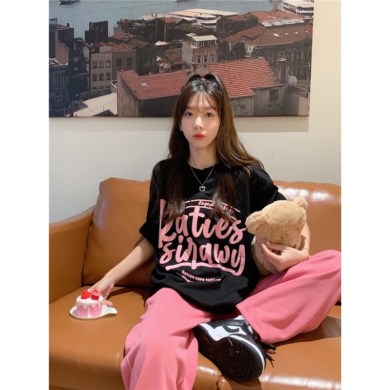 Áo Thun Ngắn Tay Dáng Rộng In Chữ Thời Trang Mùa Hè Hàn Quốc