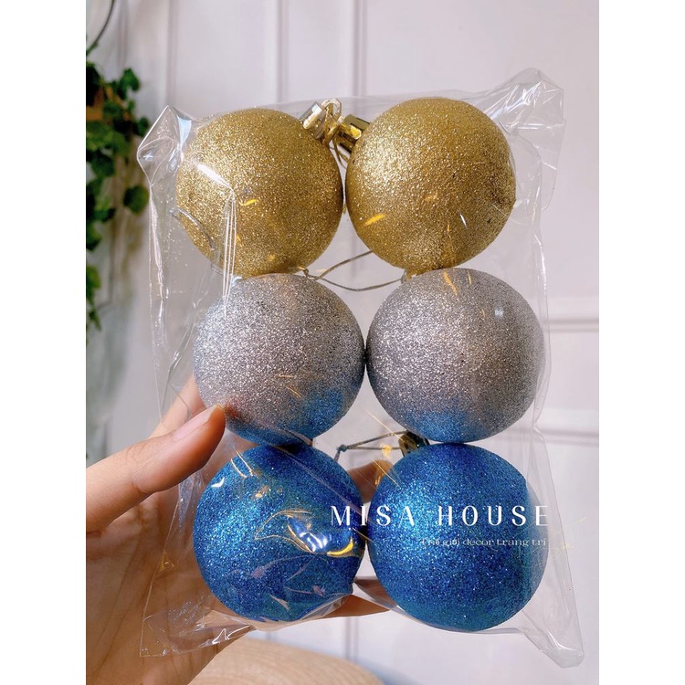 Bộ 6 Quả trái châu noel 6cm trang trí decor cây thông giáng sinh màu vàng xanh dương bạc siêu đẹp Misa House