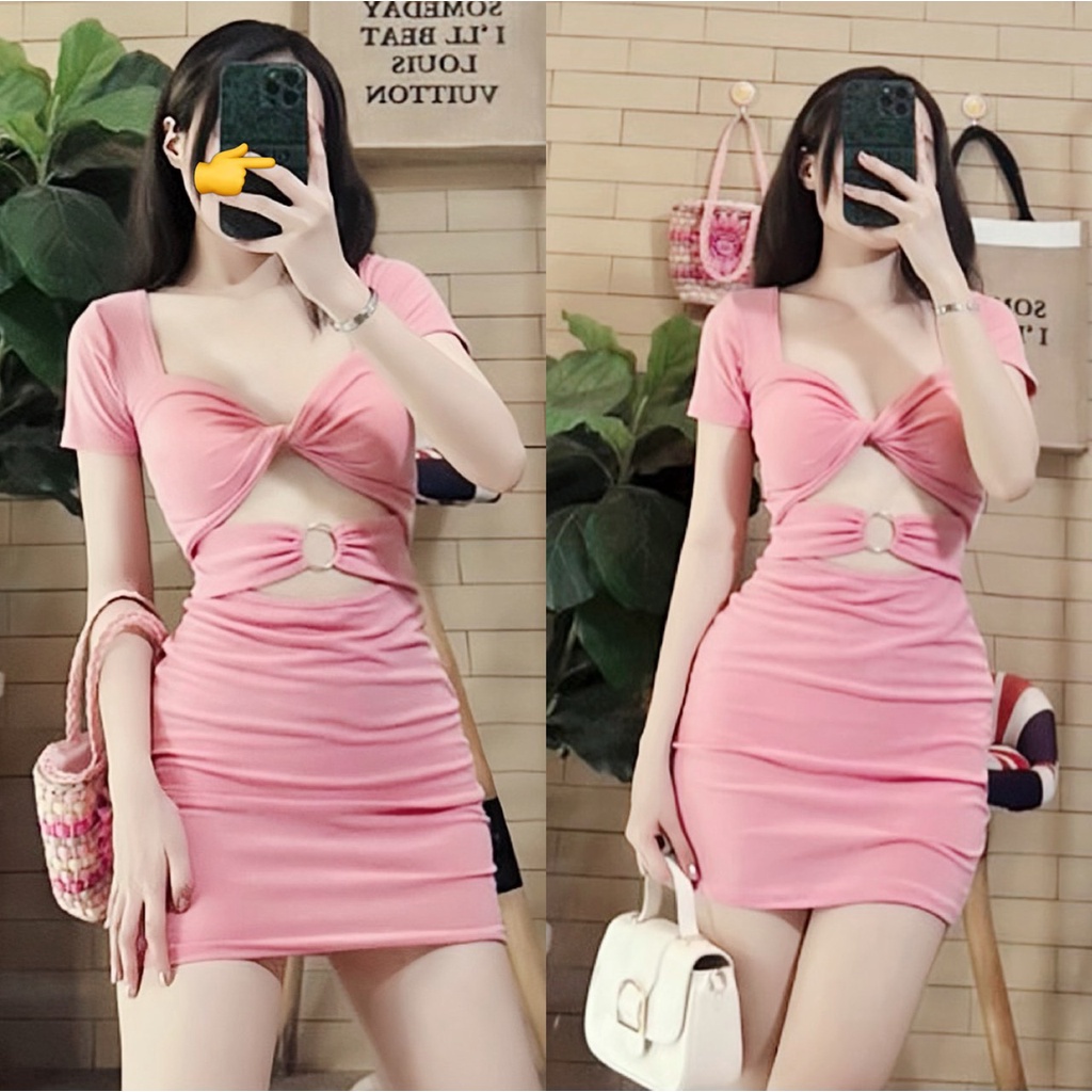 Đầm tay ngắn body xoắn ngực có mút khoen eo