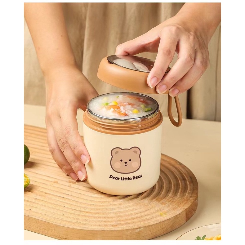 Cốc đựng canh bình ủ cháo hình gấu dung tích 550ml chất liệu inox 304 tặng kèm túi giữ nhiệt mẫu hót 2022 Miibooshi