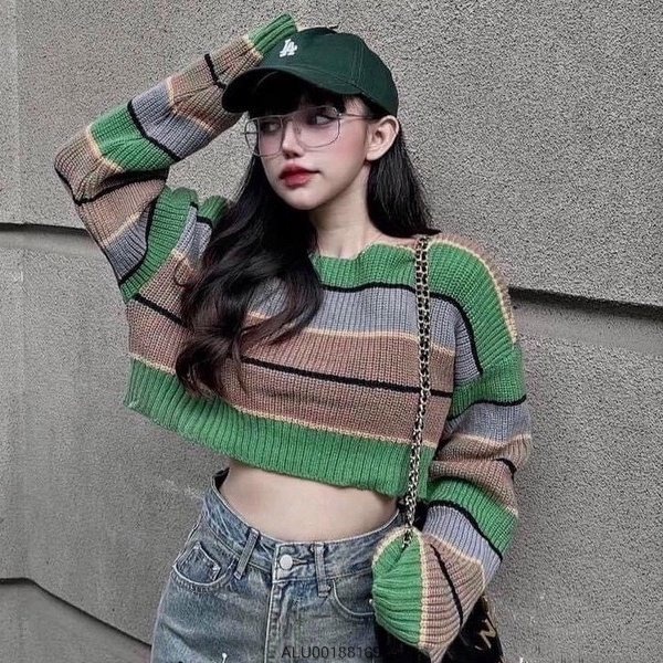 Áo len nữ VM Shop croptop tay dài phối màu kẻ ngang thời trang thu đông 1849 ALU00188