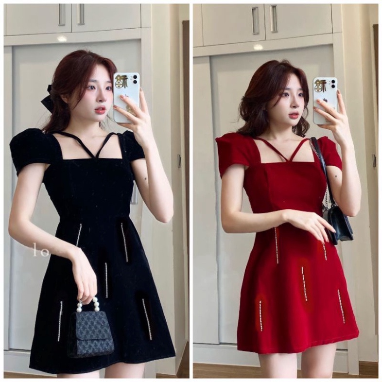 Đầm váy midi đỏ nhung chéo cổ đính đá tay con đen cổ yếm cao cấp dạ hội dự tiệc đám cưới đi biển bigsize