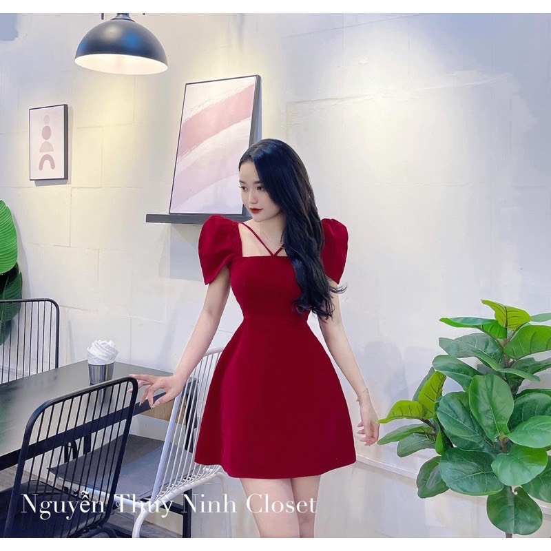 [12/12 Sale Fresship] Đầm chất nhung cổ vuông tay ngắn đi chơi dạo phối,đầm thời trang đi tiệc dáng xòe siêu xinh mtb