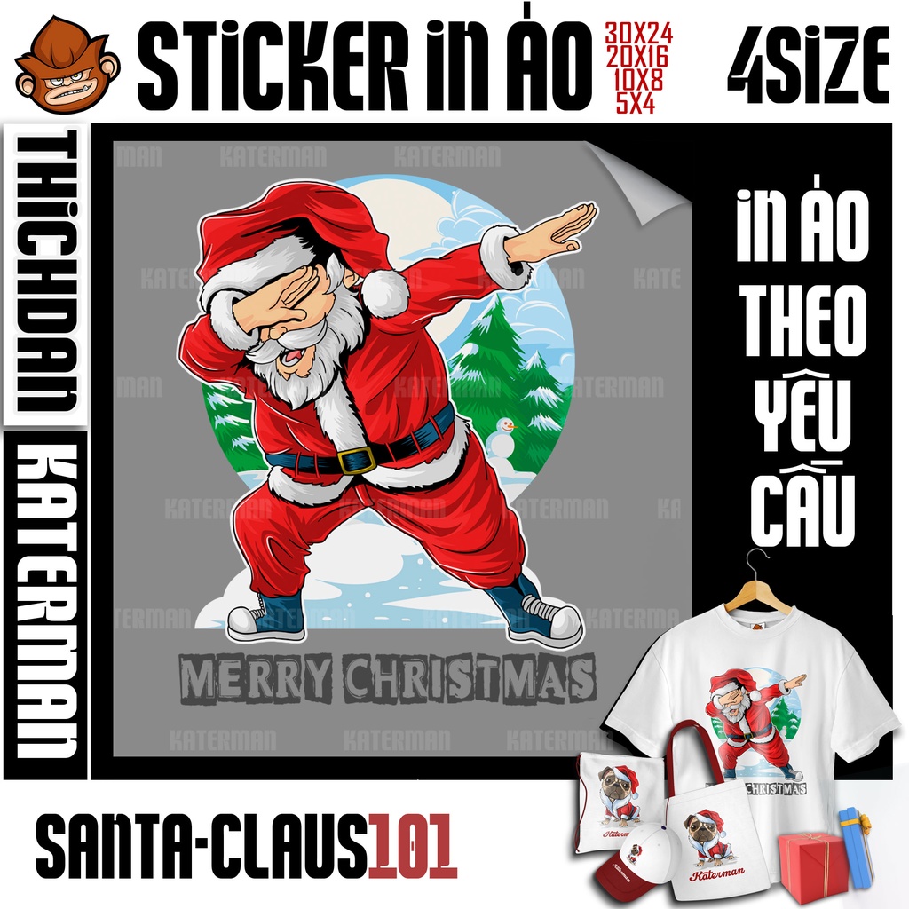 Sticker hình dán áo thun, hình ủi nhiệt Ông già Noel mặc áo Giáng sinh, đội nón Noel nhảy Dabbing Christmas 101