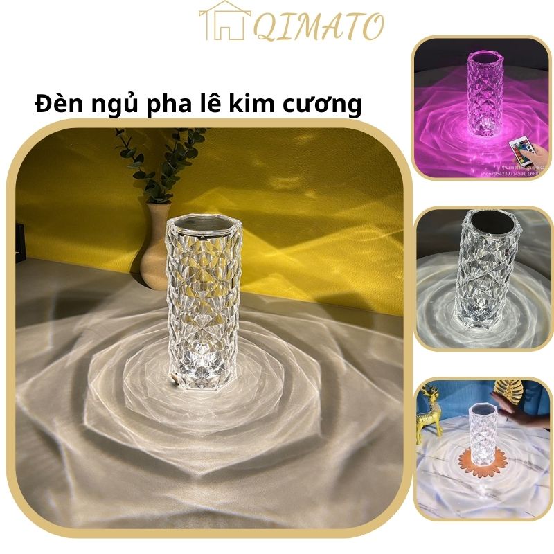 Đèn ngủ pha lê hoa hồng hình trụ có điều khiển từ xa cảm biến 16 màu điều chỉnh được độ sáng qimato
