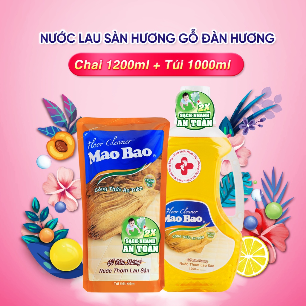 Nước Lau Sàn Mao Bao Hương Gỗ Đàn Hương Combo 1 Chai 1200ml và 1 Túi 1000ml