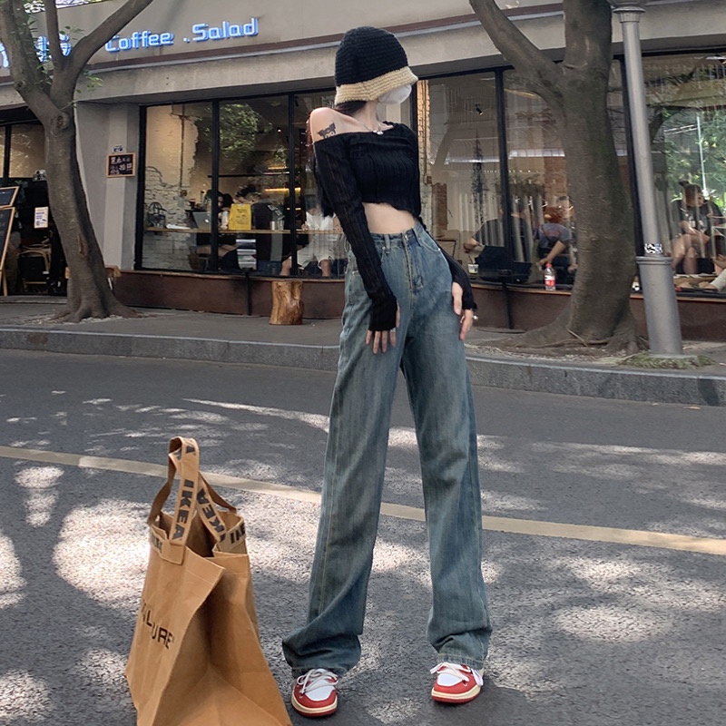 Quần Jeans Nữ Ống Rộng Lưng Cao Thời Trang Hàn Quốc Mới
