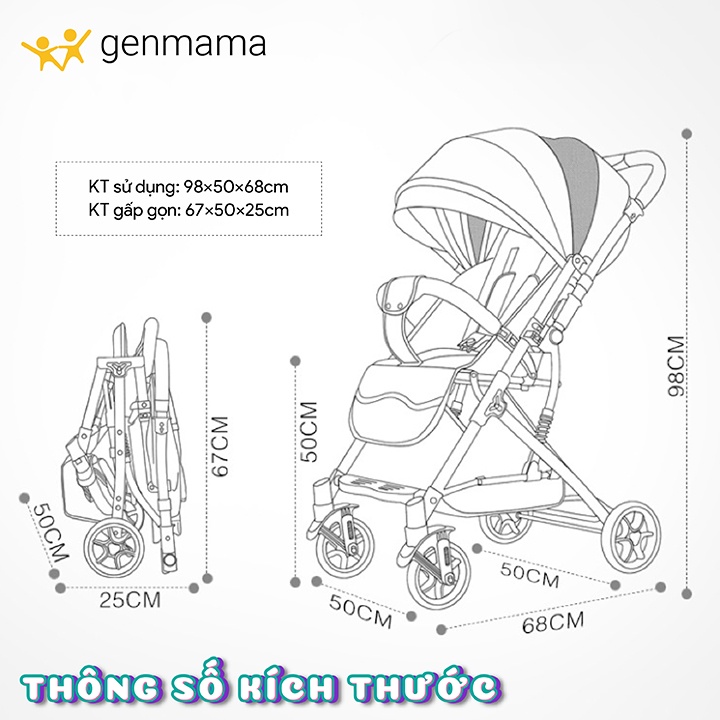 Xe đẩy 2 chiều 3 tư thế cho bé du lịch. Xe đẩy cho bé gấp gọn có giảm xóc có tay kéo. Mang lên máy bay GM-XE04 GENMAMA