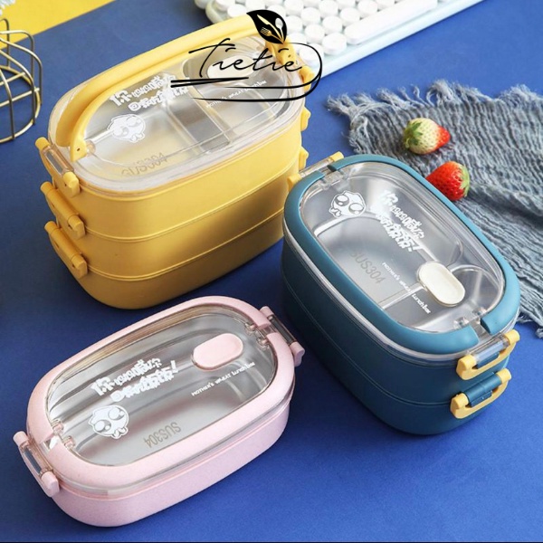 Hộp cơm giữ nhiệt văn phòng 2 lớp 2 khay inox 304 tặng kèm set thĩa dĩa cá nhân Satorivn