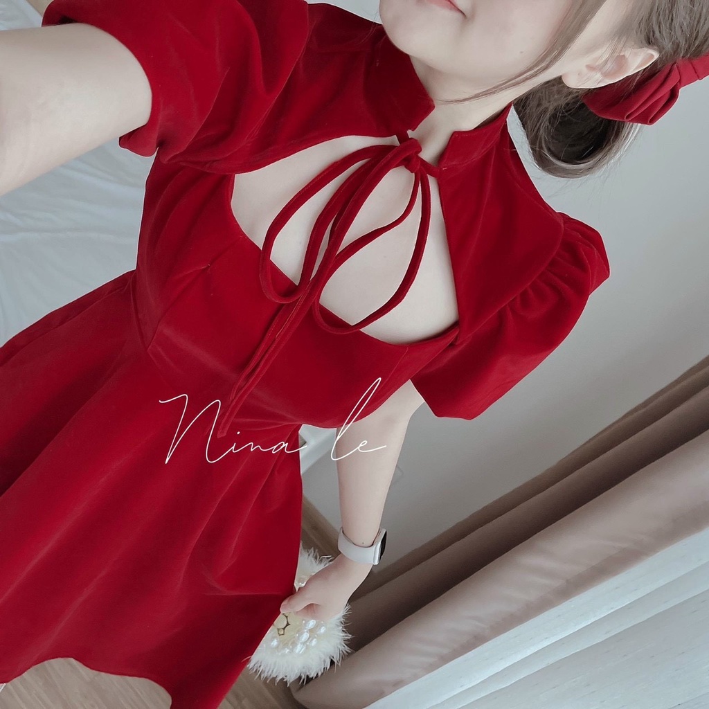 Đầm nữ thời trang mặc đi chơi chất nhung cứng cổ tròn thắt dây nơ khoét ngực tay ngắn có mút váy xoè dễ thương