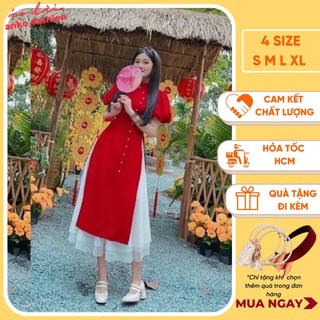 Áo dài cách tân nữ, áo dài đỏ tay phồng may sẵn lụa đẹp kèm chân váy hoặc quần suông trắng mặc lễ tết