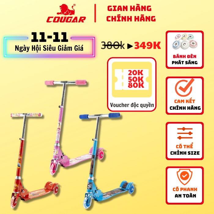 Xe Scooters Cougar- 380 Ba Bánh Phát Sáng, Có 3 Màu Cho Bé Lựa Chọn