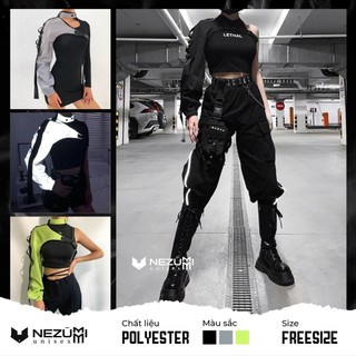 (Sẵn xám bạc) Áo croptop nữ dài tay xanh neon Lisa phản quang lệch tay cá tính