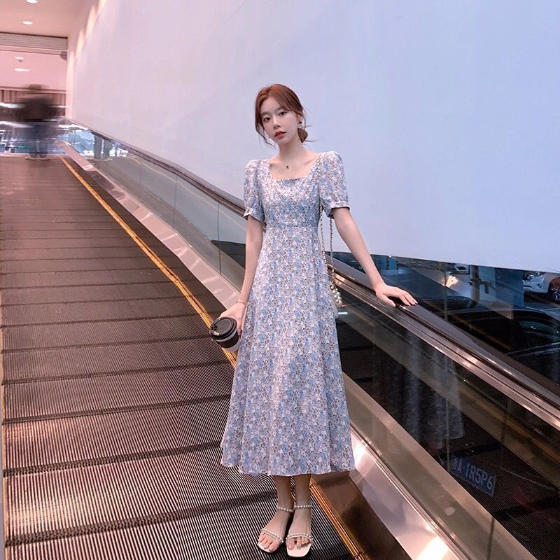 IELGY IELGY Đầm chiffon Dài Qua Gối In Họa Tiết Hoa Phong Cách Pháp Cổ Điển Thời Trang Cho Nữ