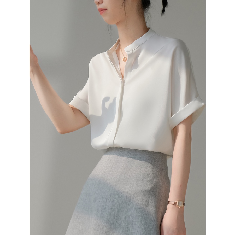 Áo Sơ Mi Cộc Tay Cổ Tàu Dáng Rộng Lụa Satin Thời Trang Nữ