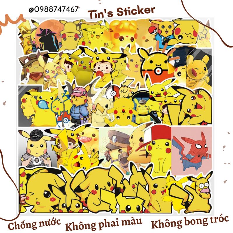 Set combo 50 miếng dán sticker Pikachu chống thấm nước dán nón mũ bảo hiểm laptop xe máy đàn guitar vali sổ sách