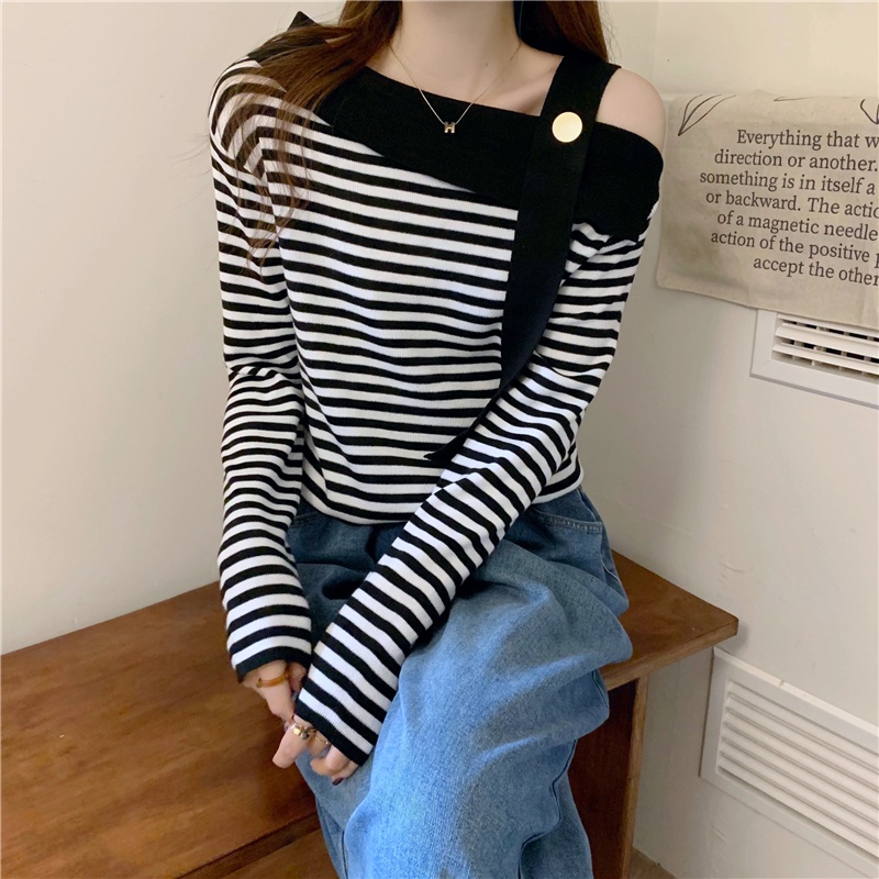 Áo Dệt Kim Tay Dài Hở Vai Họa Tiết Kẻ Sọc Thời Trang Thu Đông Hàn Quốc Mới Dành Cho Bạn Nữ