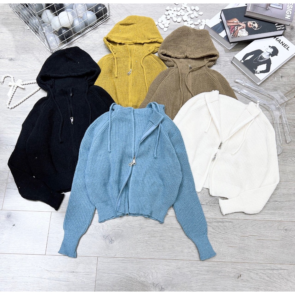 Cardigan Nữ Có Mũ, Áo Khoác Len Kéo Khoá Hàng Quảng Châu