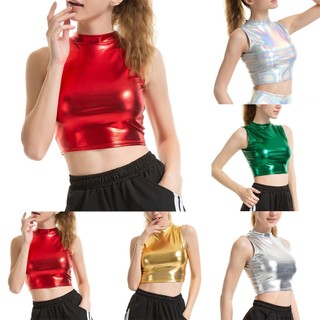 Áo crop top giả da lấp lánh thời trang nữ