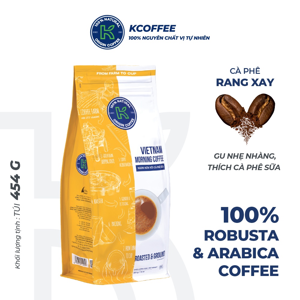 Cà phê rang xay Robusta Arabica Vietnam Morning thương hiệu K Coffee túi 454g