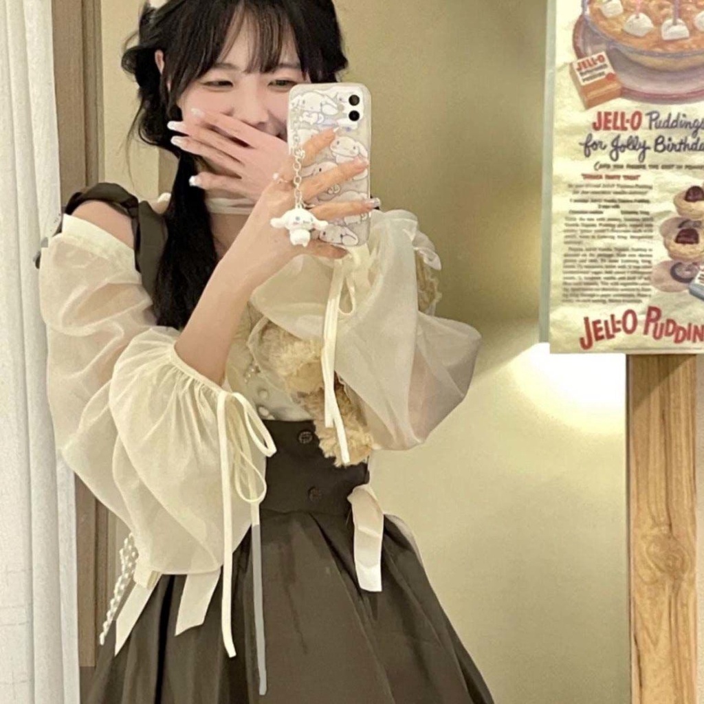 Set Áo Sơ Mi Tay Dài Phồng Thắt Nơ Cổ + Chân Váy Ngắn Thời Trang Dành Cho Nữ