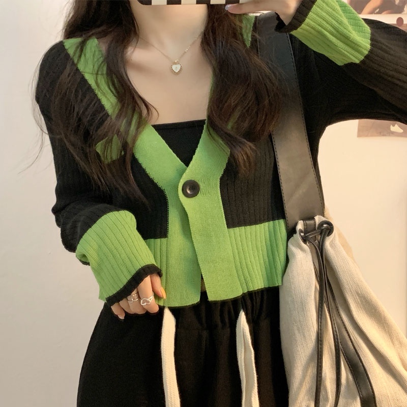Áo Khoác Len Tay Dài Cổ Chữ V Phối Màu Tương Phản Thời Trang Hàn Quốc Cho Nữ
