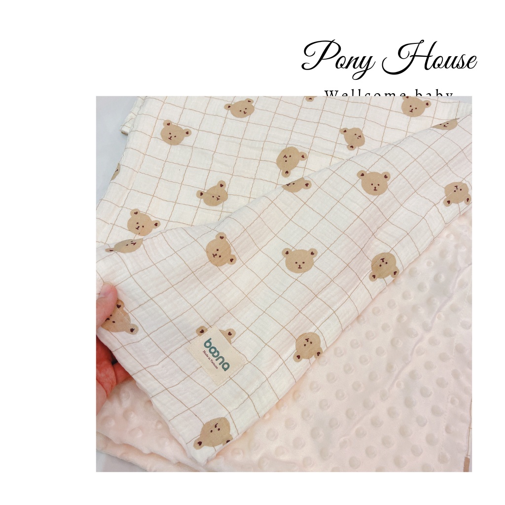 Chăn Nhung Boona Xô Muslin Kết Hợp Vải Nhung Bi Siêu Mềm Ấm Áp Cho Bé Sơ Sinh KT 90*110Cm