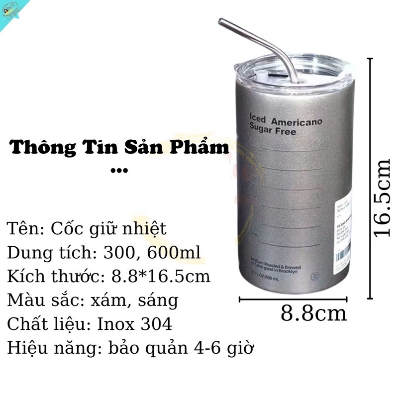 Bình giữ nhiệt KÈM TÚI Iced Americano 600ml inox 304 kèm ống hút Inox mẫu mới 2022