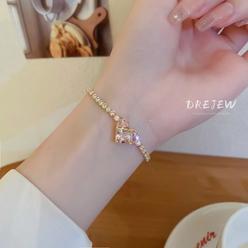 DREJEW Vòng đeo tay đính đá zircon hình trái tim sang trọng có thể điều chỉnh phong cách Hàn Quốc