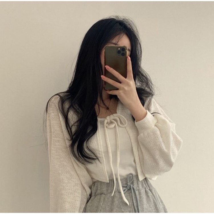 Áo khoác cardigan mỏng ZHELIHANGFEI dáng ngắn phong cách Hàn Quốc vintage 3 màu lựa chọn