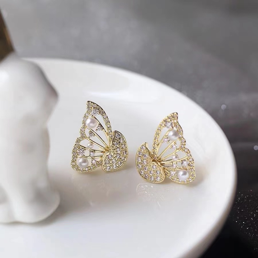 Bông Tai Hai Lớp Hình Bướm Đính Đá zircon Ngọc Trai Thời Trang Thu Đông 2022 Mới Phong Cách retro niche