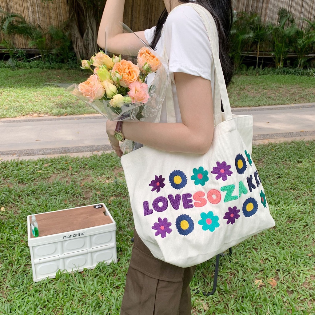 Túi Vải Canvas Đeo Một Bên Vai Họa Tiết Thêu Hoa Thời Trang Cho Nữ