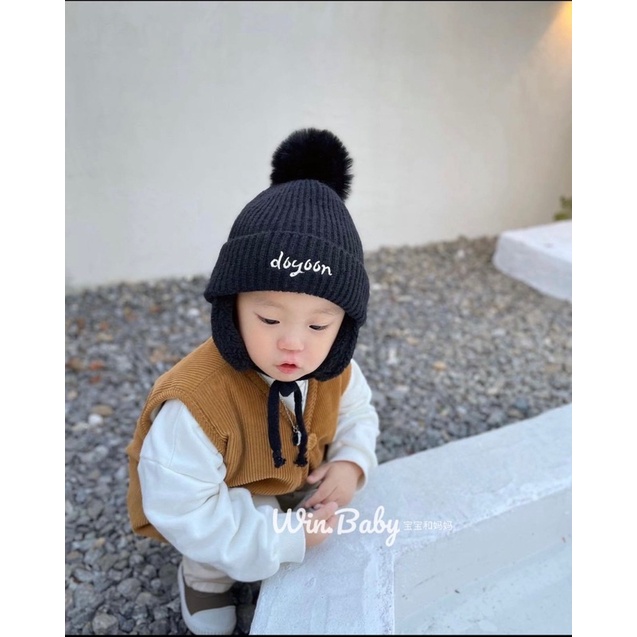 Mũ len dệt kim THÊU TÊN cho bé lót lông, bịt tai siêu ấm