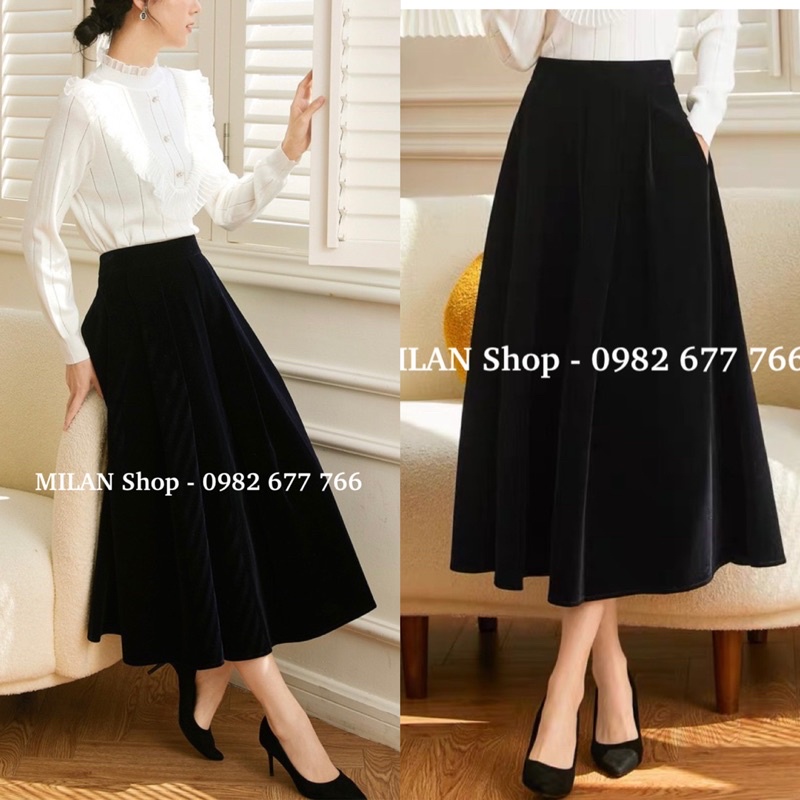 Chân váy nhung dài dáng xoè có 2 túi sườn sang chảnh
