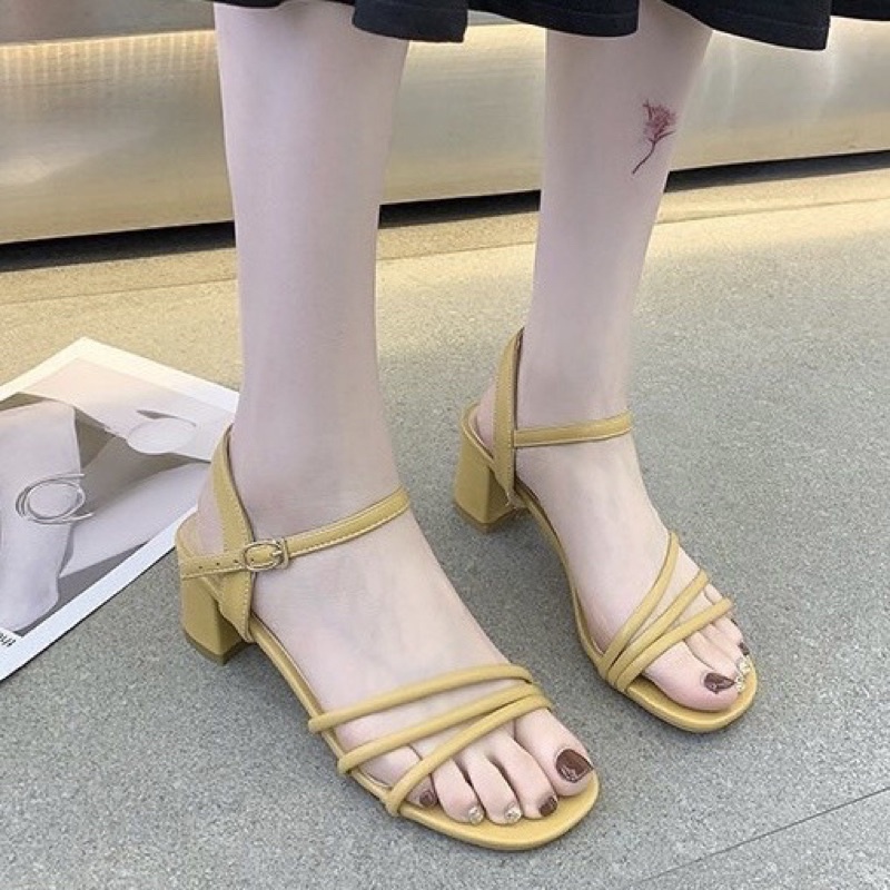 Giày sandal gót vuông 5 phân 3 quai ngang chéo da mềm khoá cài
