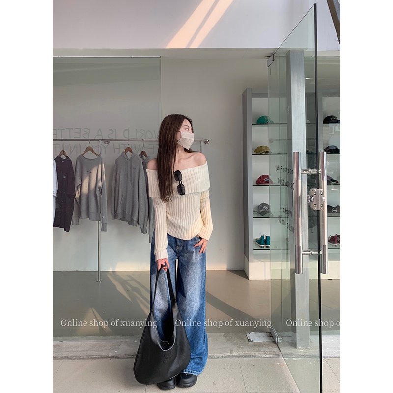 Set Áo sweater Dệt Kim Cổ Suông + Quần Jean Ống Rộng Đa Năng Thời Trang Cho Nữ