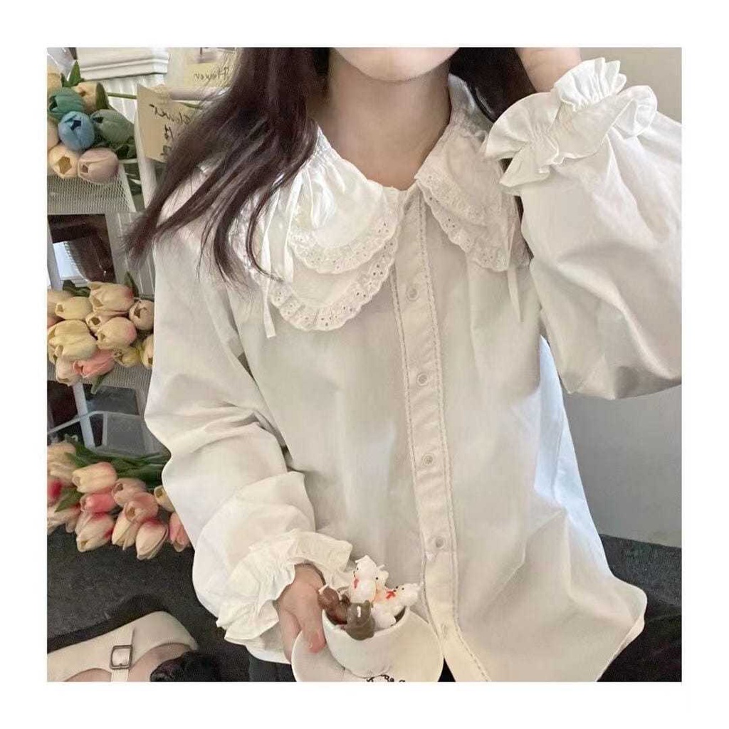 Áo sơ mi trắng dài tay cổ sen siêu xinh