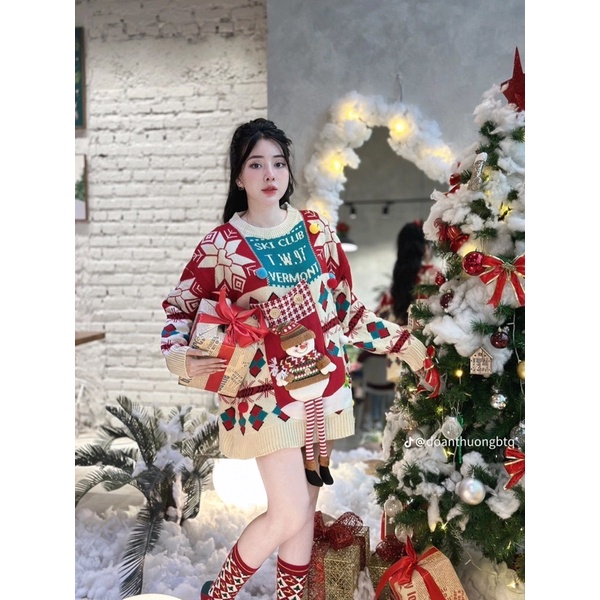 SẴN HÀNG Áo len noel dáng dài người tuyết nổi hàng QCCC cực hot