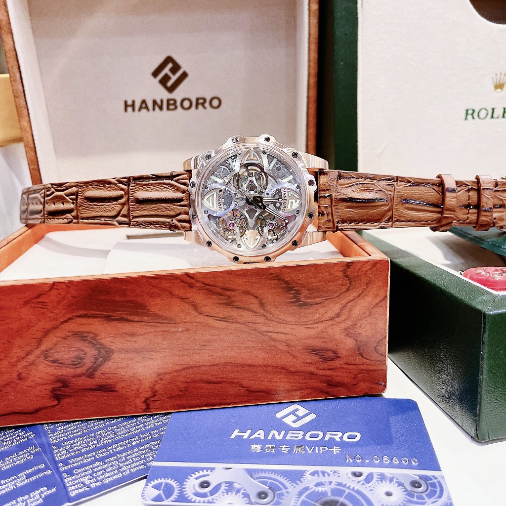 Đồng Hồ Nam Hanboro Automatic  Dây Da Nâu Gân Rose Gold 44mm