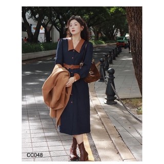 Đầm Nhung Phối Da Kèm Belt Sang Trọng