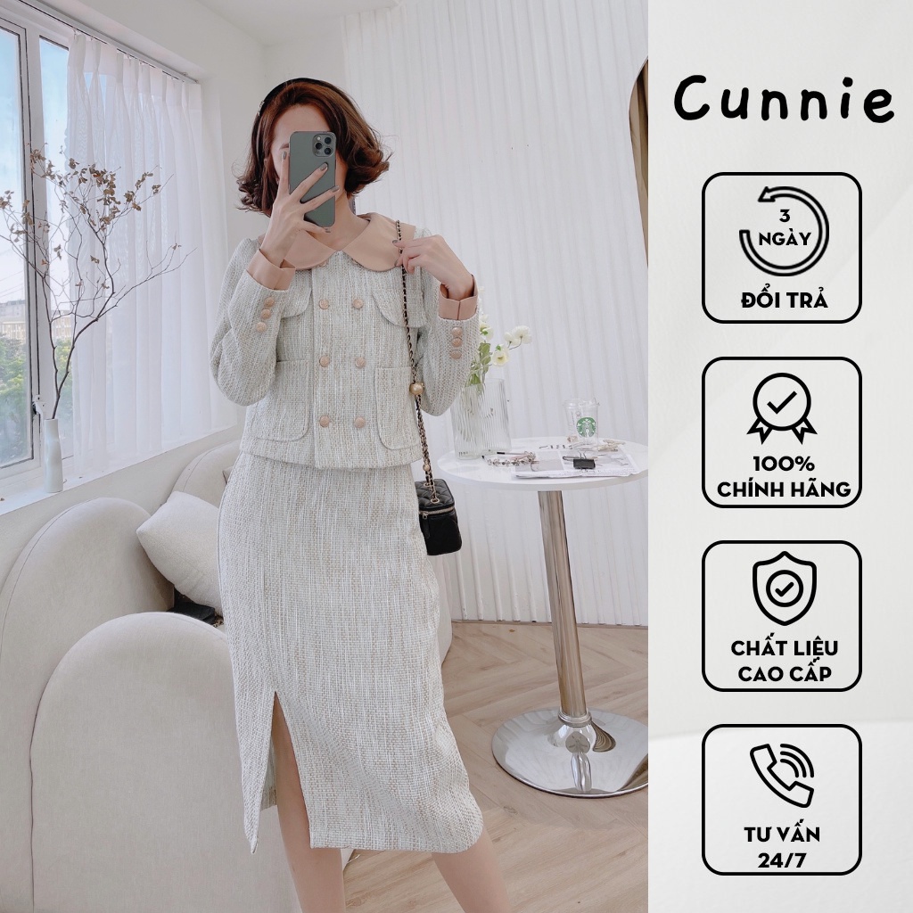 Set dạ xước phối cổ hồng be CUNNIE V302 V303 V304 thanh lịch phù hợp công sở, đi chơi