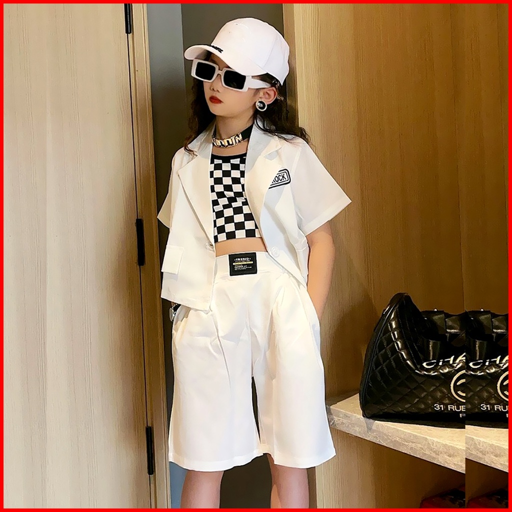 Set Bộ Vest Kèm Áo Caro Dễ Thương Cho Bé Gái Đi Chơi Lễ Tết