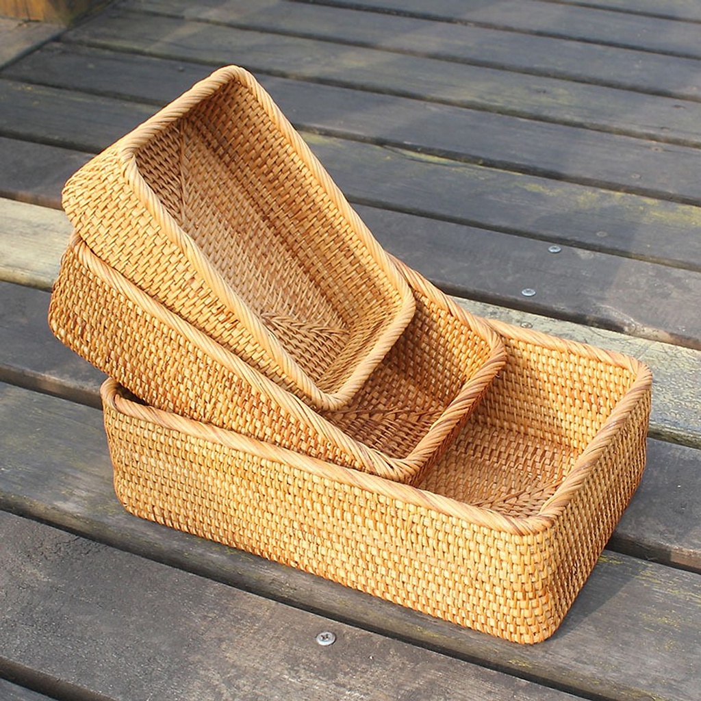 Giỏ mây tre đan hình chữ nhật, khay mây decor, đựng đồ, trang trí nhà cửa