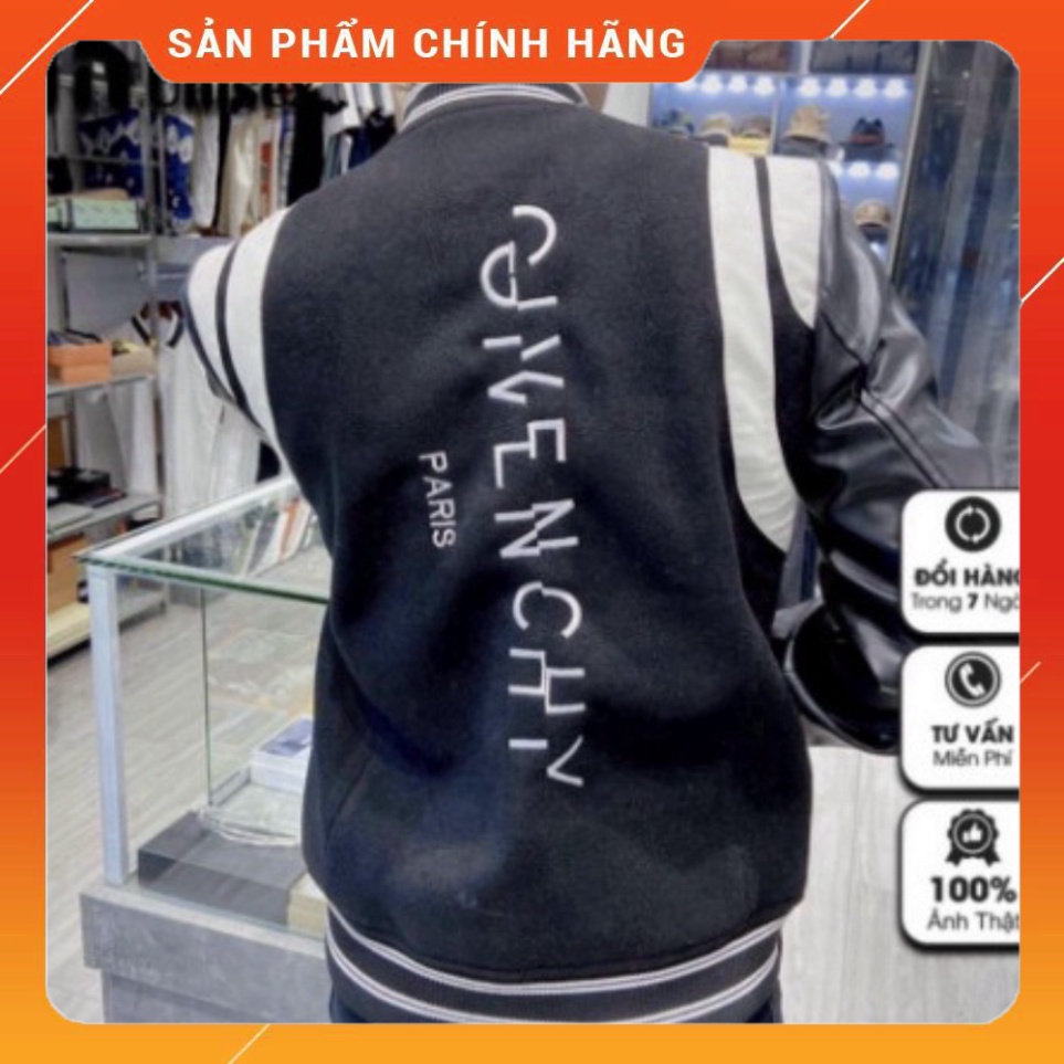 !!! Áo Bomber Givenchy nam nữ, áo khoác Bomber GVC tay da viền trắng thêu chữ dọc lưng hót 2022. !!!