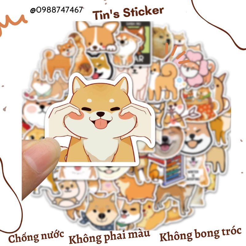 Set combo 50 miếng dán sticker Shiba Inu chống thấm nước dán nón mũ bảo hiểm laptop xe máy đàn guitar sổ sách