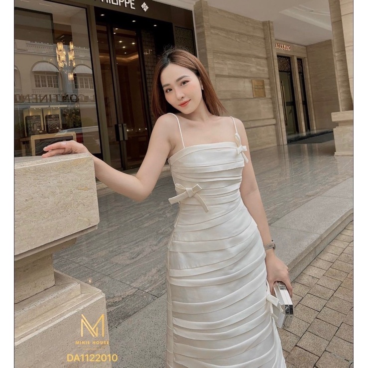 Đầm dự tiệc 2 dây phom xoè gắn nơ vải tafta