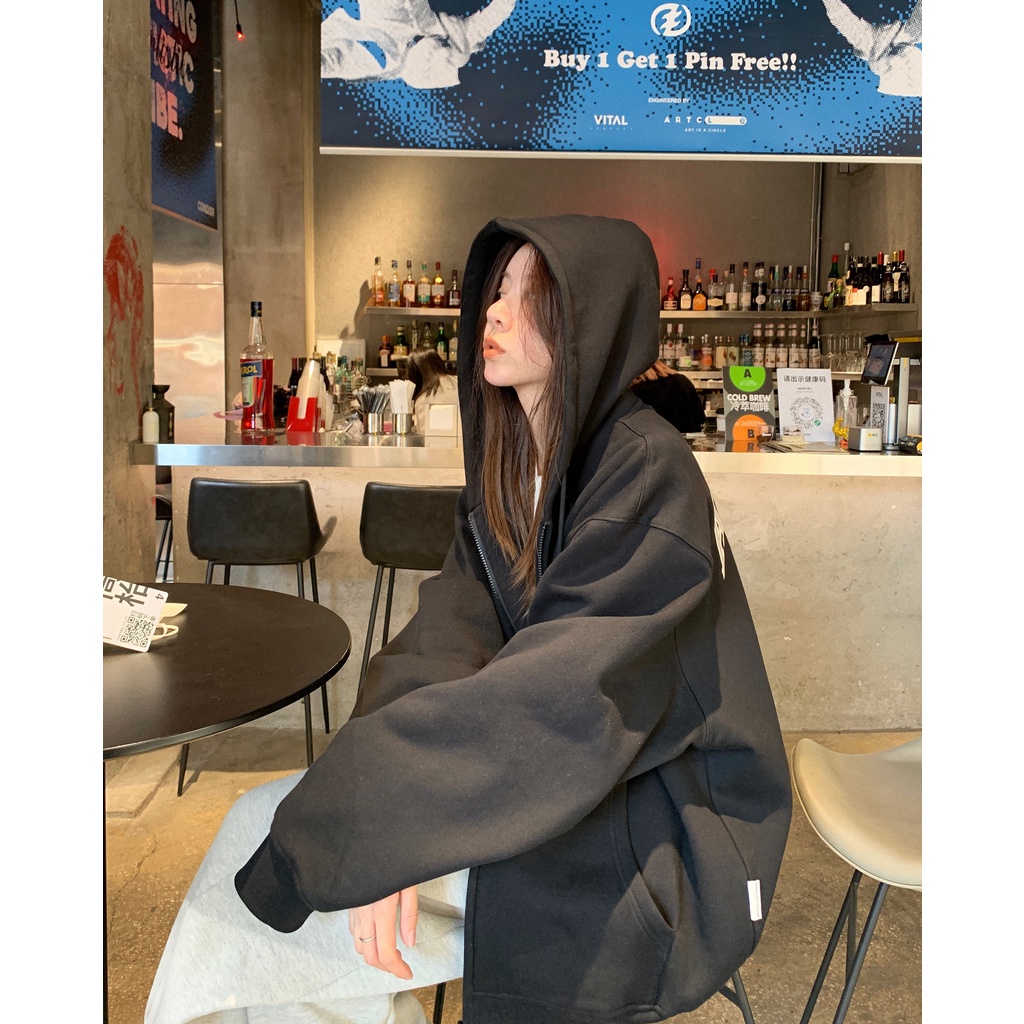 Áo Khoác Hoodie Dáng Rộng Thêu Chữ Thời Trang Mùa Đông Cho Nữ