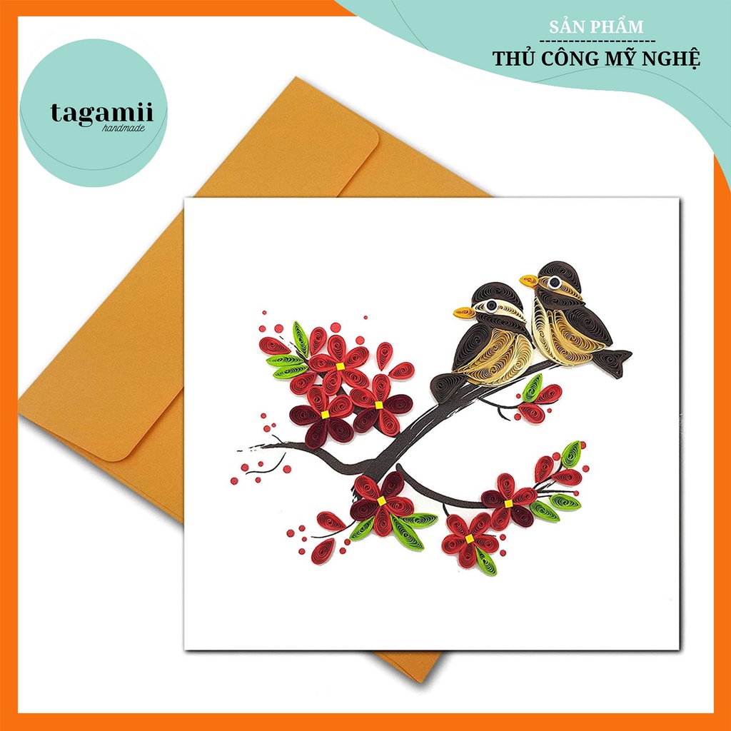 Thiệp Quilling Giấy Xoắn, Thiệp Đôi Chim Hoa Mai Lãng mạn, Thiệp giấy nghệ thuật thủ công tặng Bạn bè, Đồng nghiệp