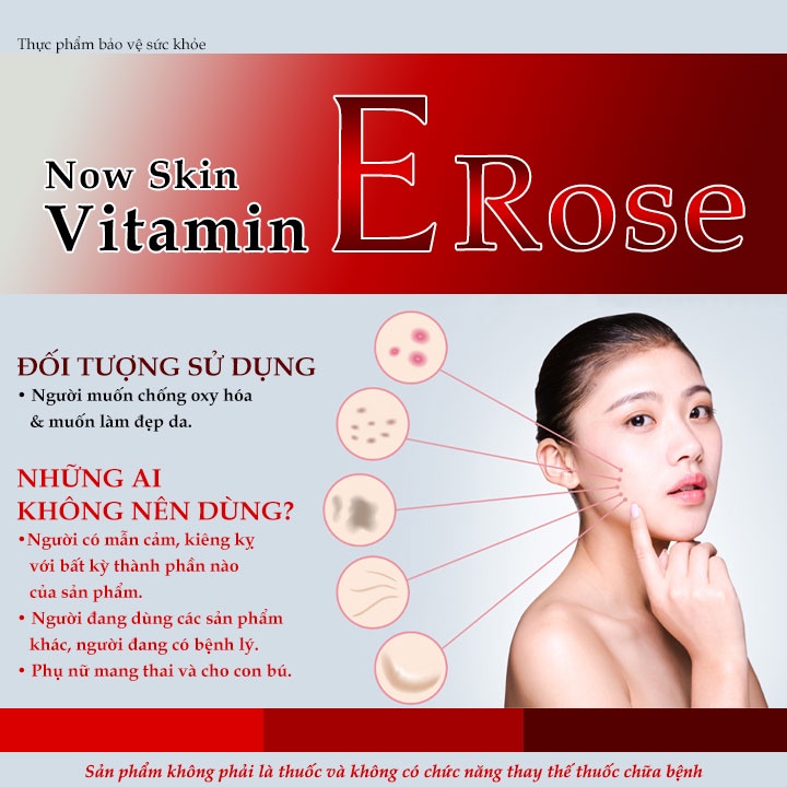 Viên uống đẹp da ngăn ngừa lão hóa Now Skin Vitamin E Rose 1000IU giúp giảm sạm nám nếp nhăn tàn nhang. Hộp 30 viên